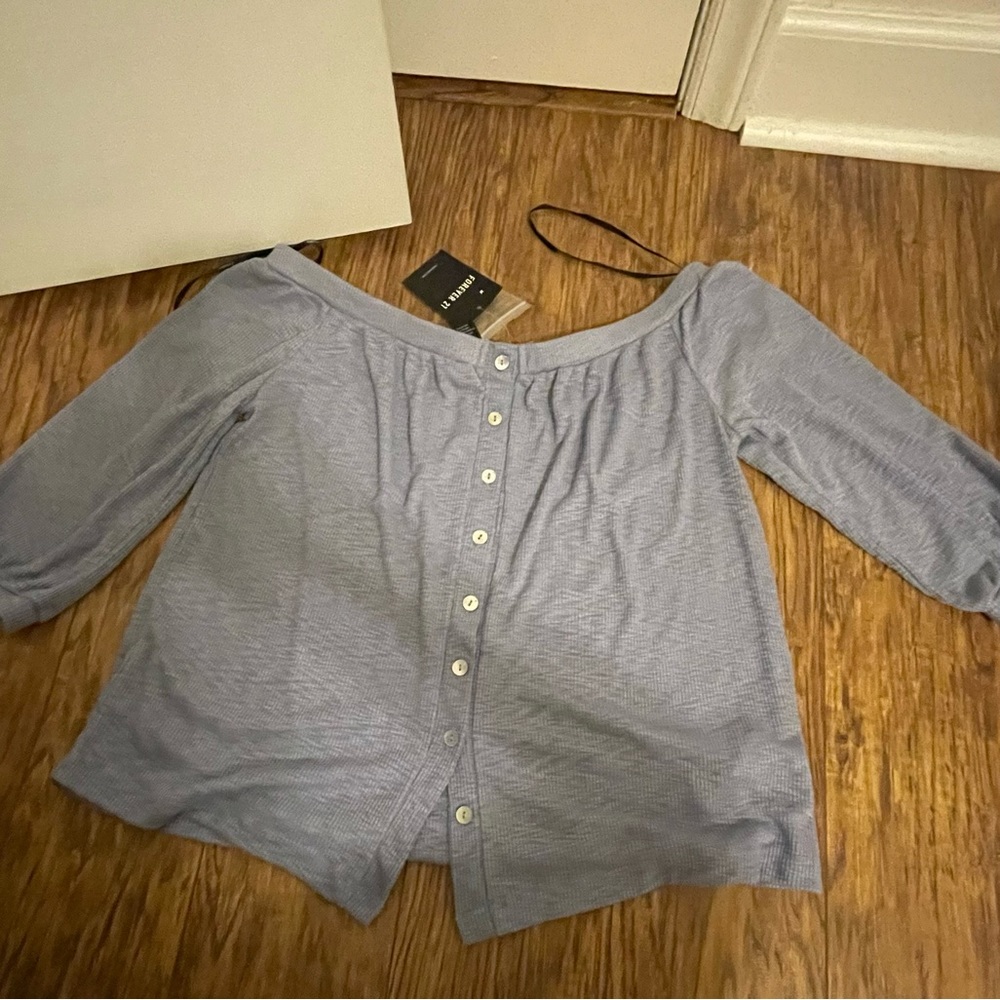 Blue Off the Shoulder Quarter Sleeve Button Up top